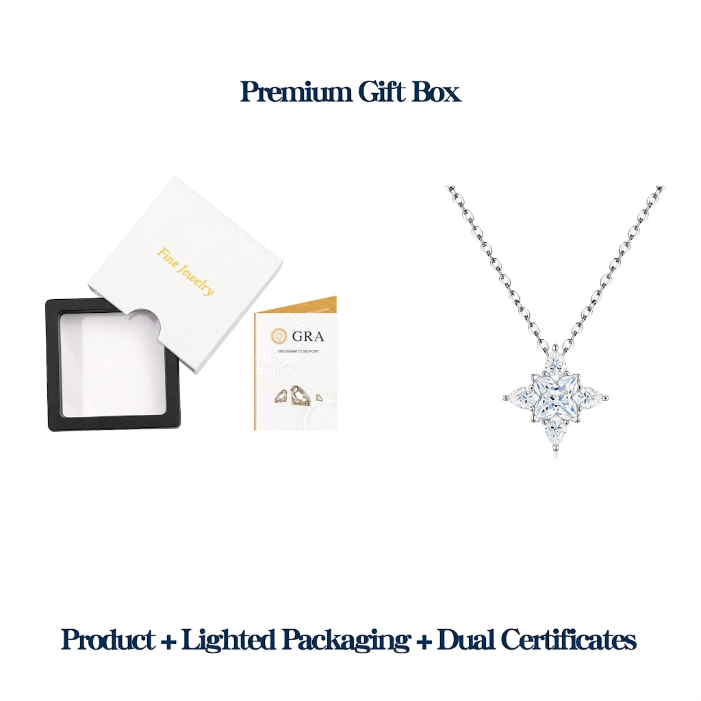 Premium lighted presentation box and dual authenticity certificates for multi-shape moissanite compass star necklace.