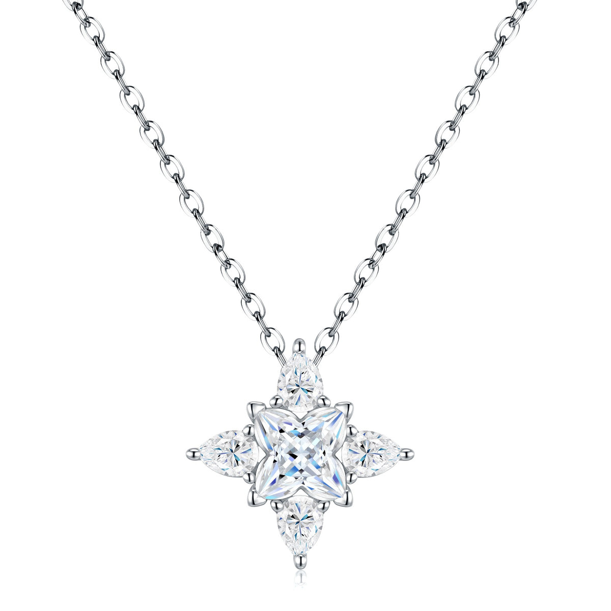 Multi-shape moissanite compass star solitaire pendant necklace in 925 sterling silver.