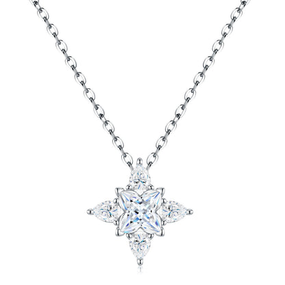 Multi-shape moissanite compass star solitaire pendant necklace in 925 sterling silver.