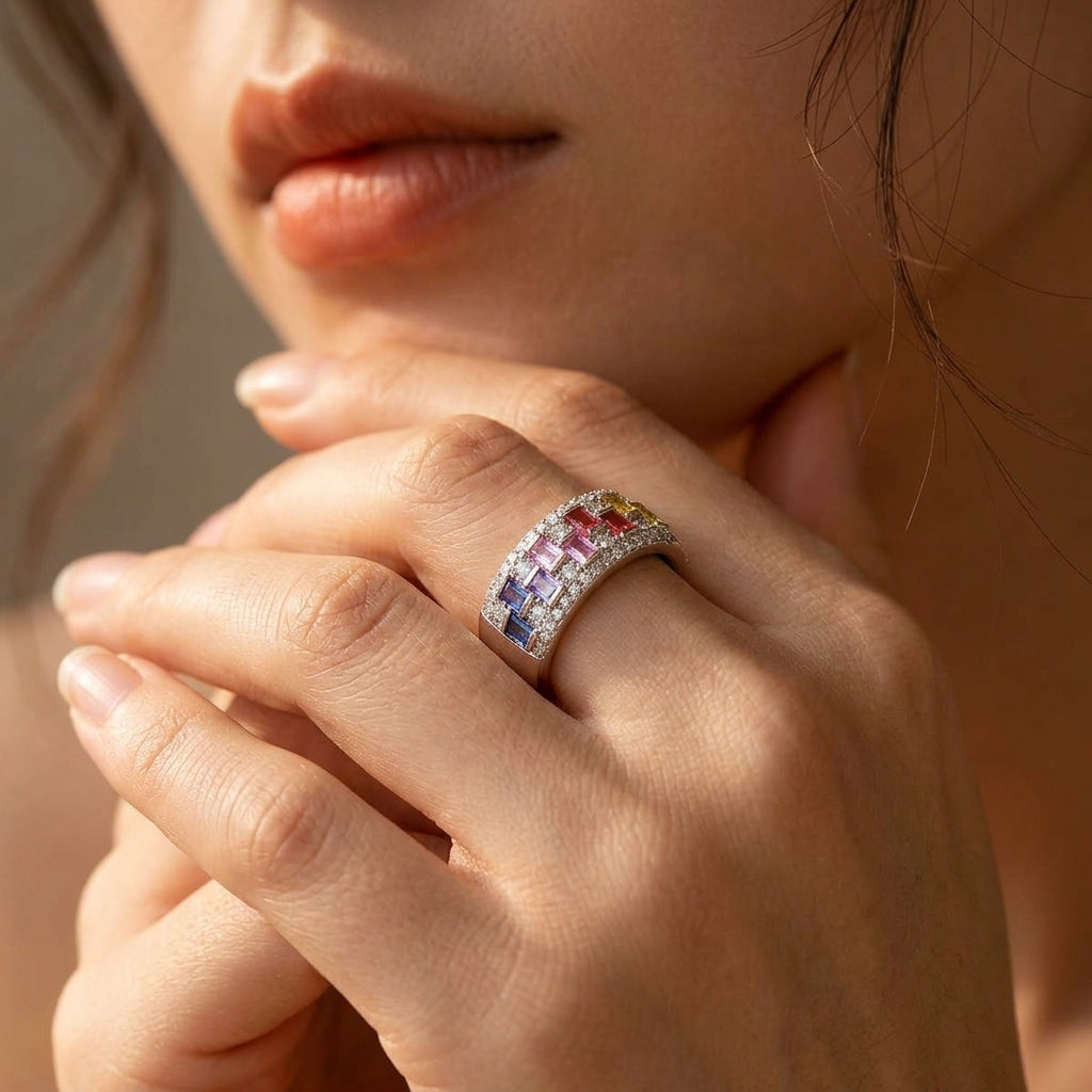 Model wearing multicolor baguette gemstone and moissanite wide band ring on finger
