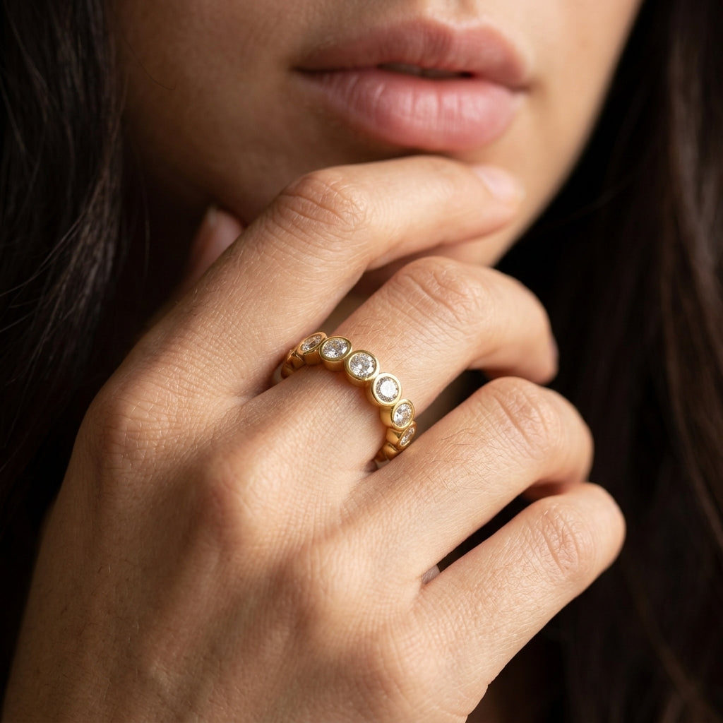 Editorial lifestyle wear portrait of a model showcasing an old money aesthetic moissanite bubble stacking band in a gold tone.