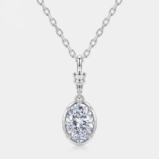 Oval cut lab diamond bezel drop pendant necklace in 925 sterling silver.