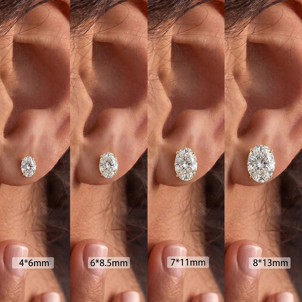 Oval cut lab diamond stud earrings size comparison chart on ear showing 4x6mm 5x7mm 6x8mm 7x9mm   