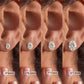 Oval cut lab diamond stud earrings size comparison chart on ear highlighting 6x8.5mm option