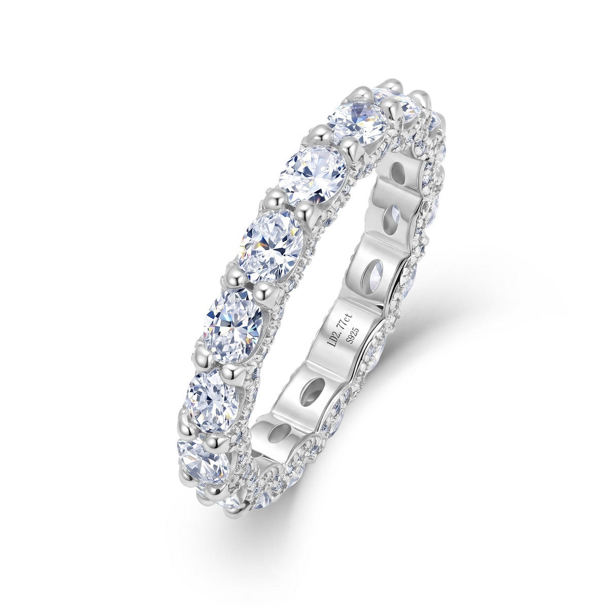 Oval cut lab-grown diamond eternity band ring in 925 sterling silver.