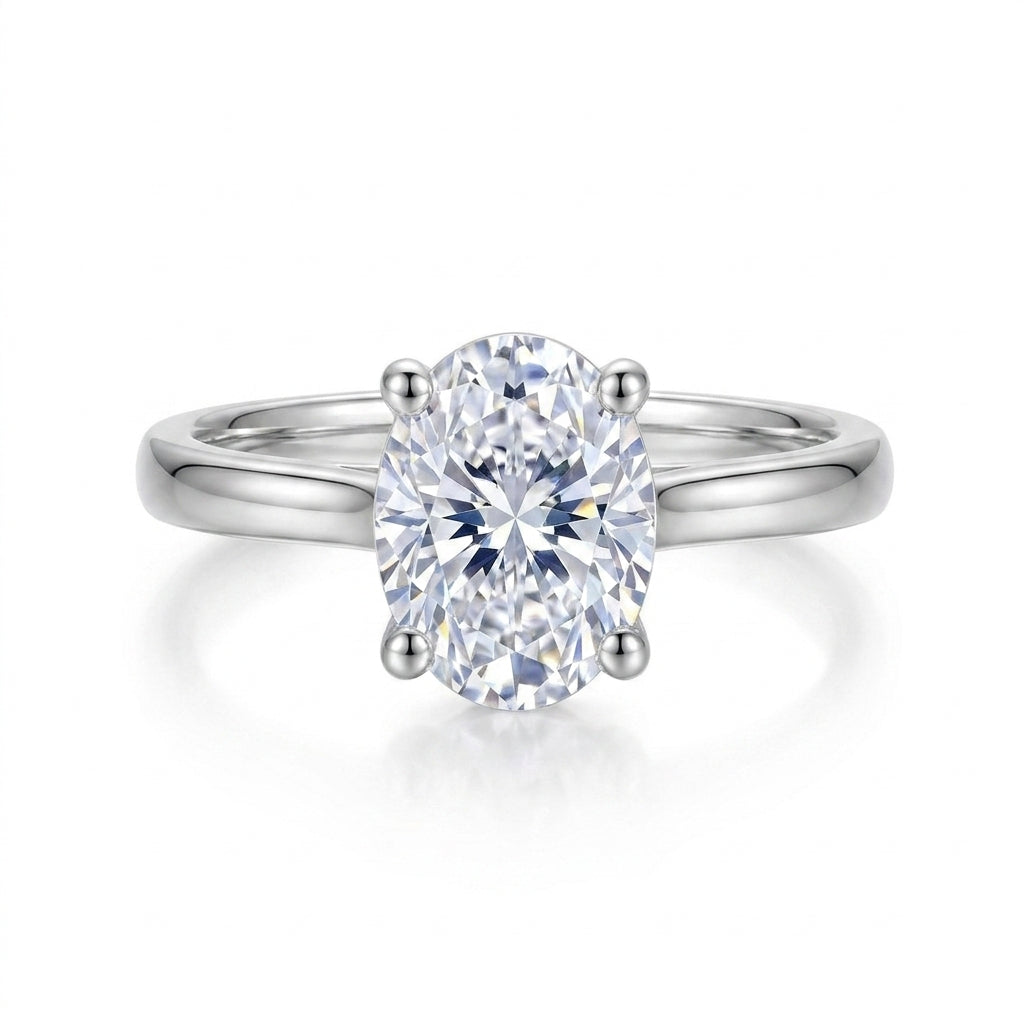 Oval cut lab grown diamond minimalist plain solitaire stacking ring in 925 silver.