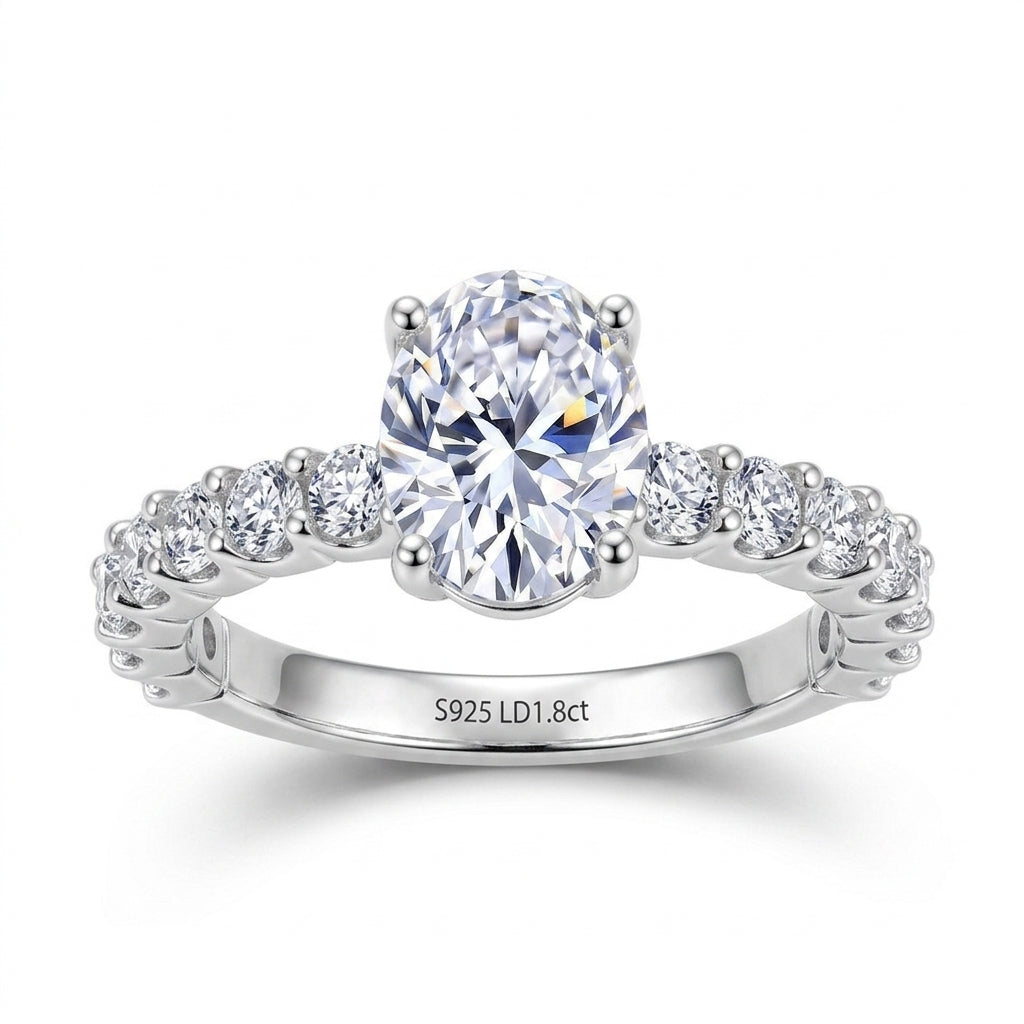 Oval cut lab grown diamond pave band solitaire engagement ring in 925 silver.