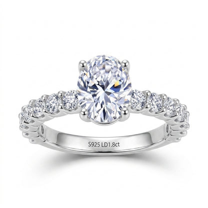 Oval cut lab grown diamond pave band solitaire engagement ring in 925 silver.