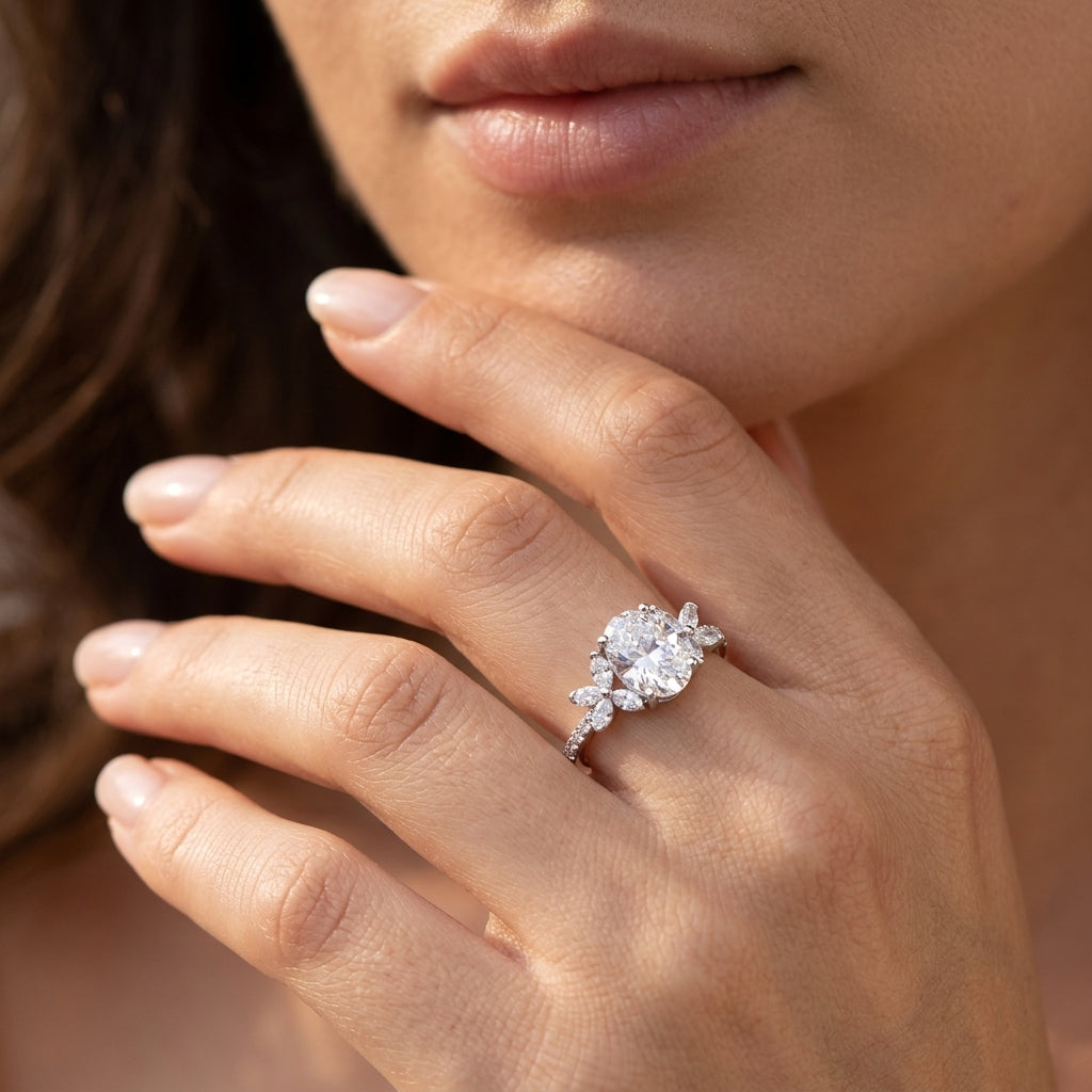 High-end fashion lookbook view of a model gracefully wearing an oval moissanite engagement ring with marquise floral side band.