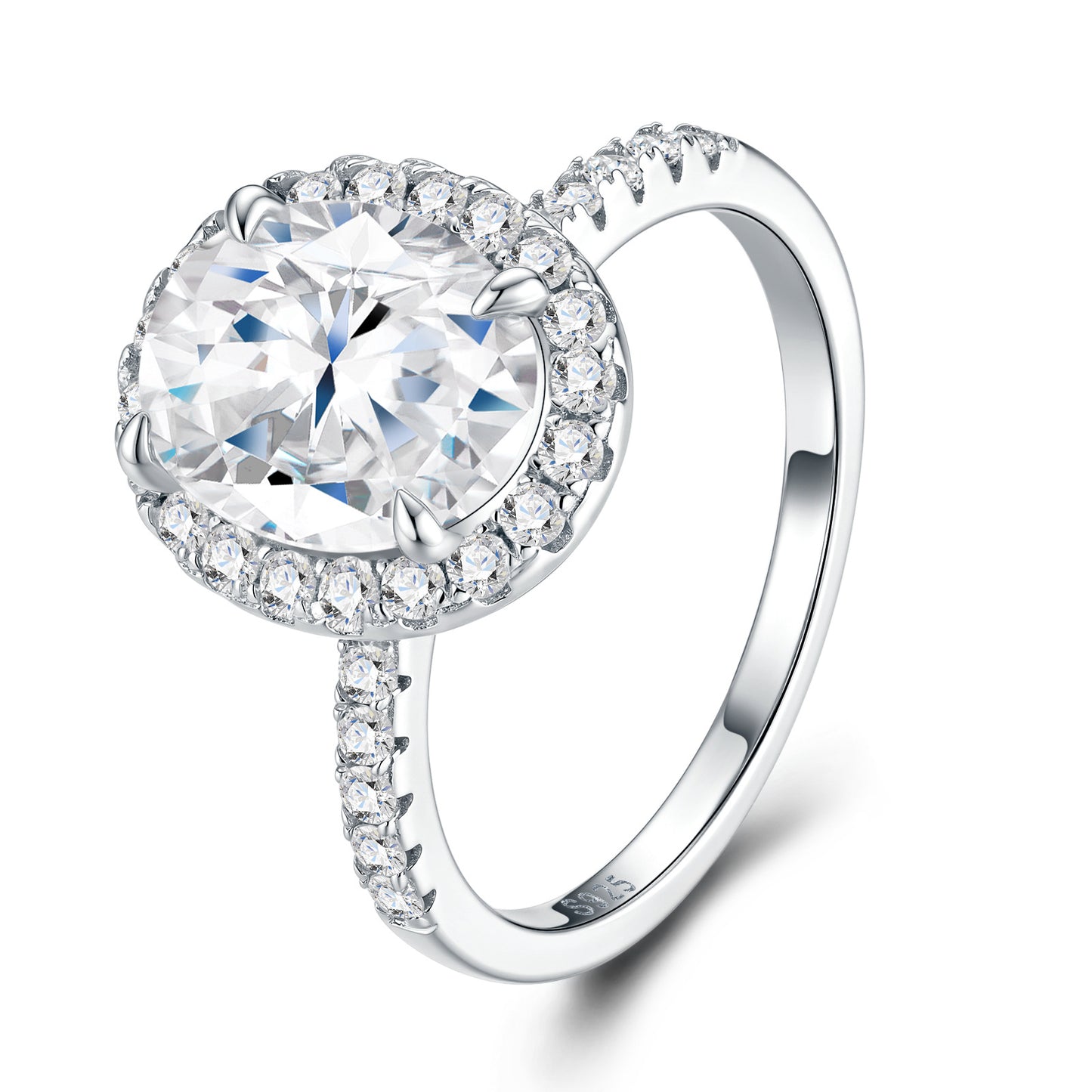 Silver oval cut moissanite engagement ring with micro-pave halo and pave shank on white background.