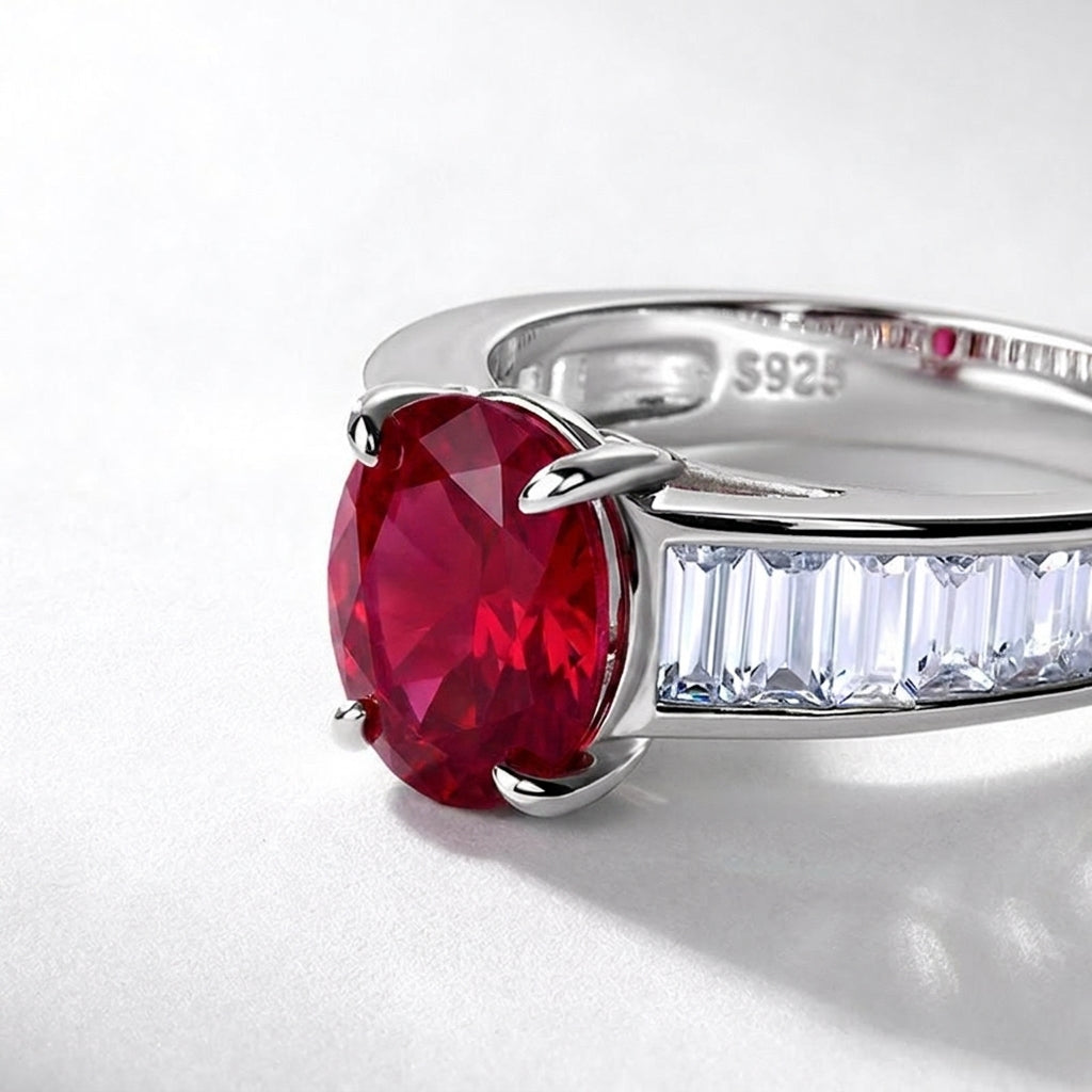 Macro close-up of the vintage oval-cut ruby ring showcasing the 925 sterling silver hallmark stamp.background