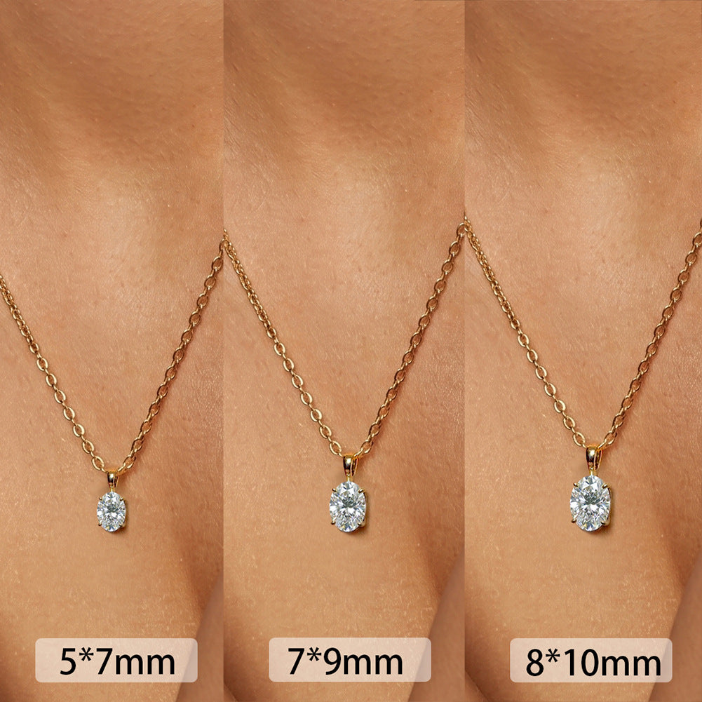 Oval cut lab diamond pendant necklace size comparison chart on neck showing 5x7mm 7x9mm 8x10mm options   