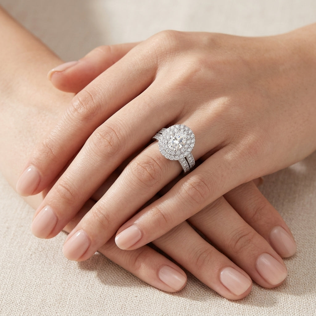 Model showing oval cut moissanite double halo bridal ring set with milgrain band in ambient light.