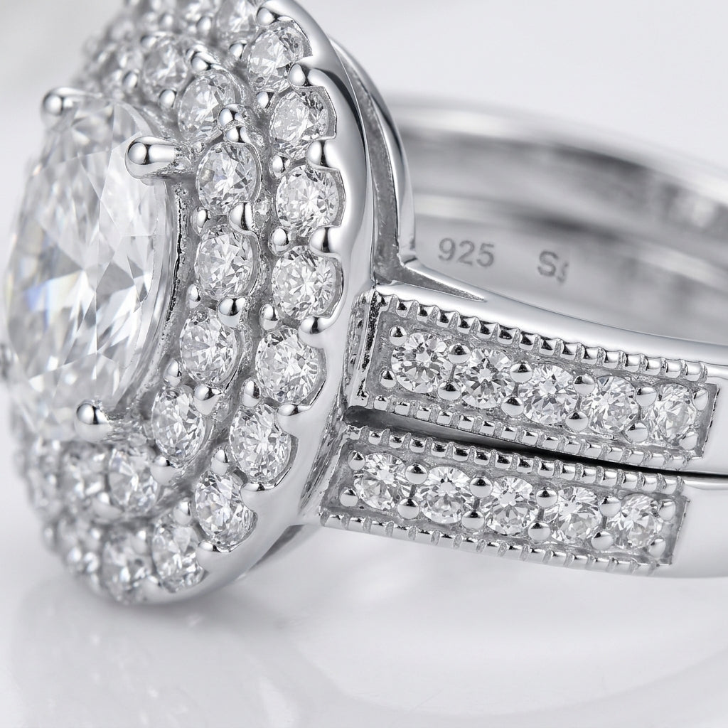 Macro view showing double halo micro-pave setting, milgrain border, and S925 hallmark.