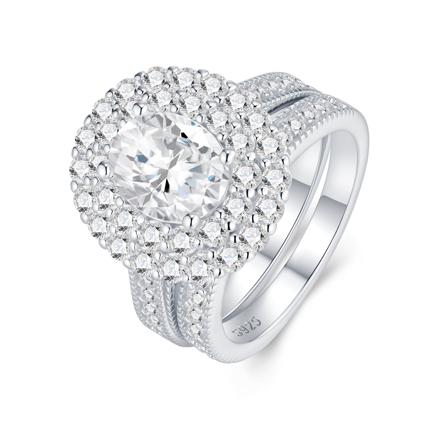 Silver oval moissanite double halo ring paired with matching milgrain pave wedding band.