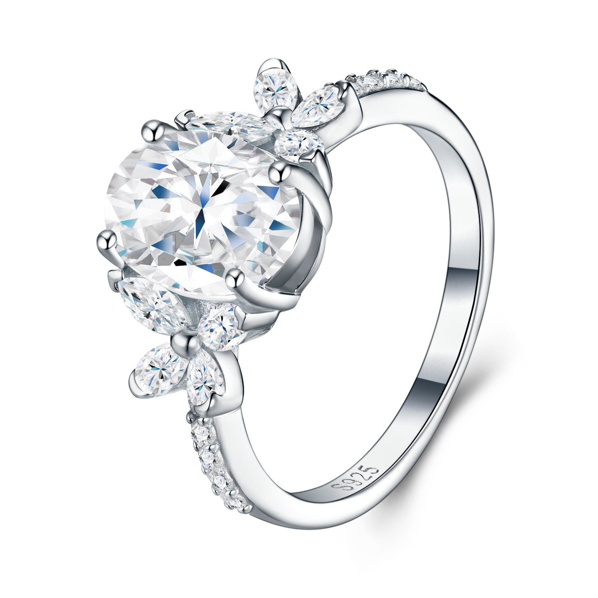 Studio display of an oval cut moissanite engagement ring with marquise floral cluster side stones and interior S925 stamp.