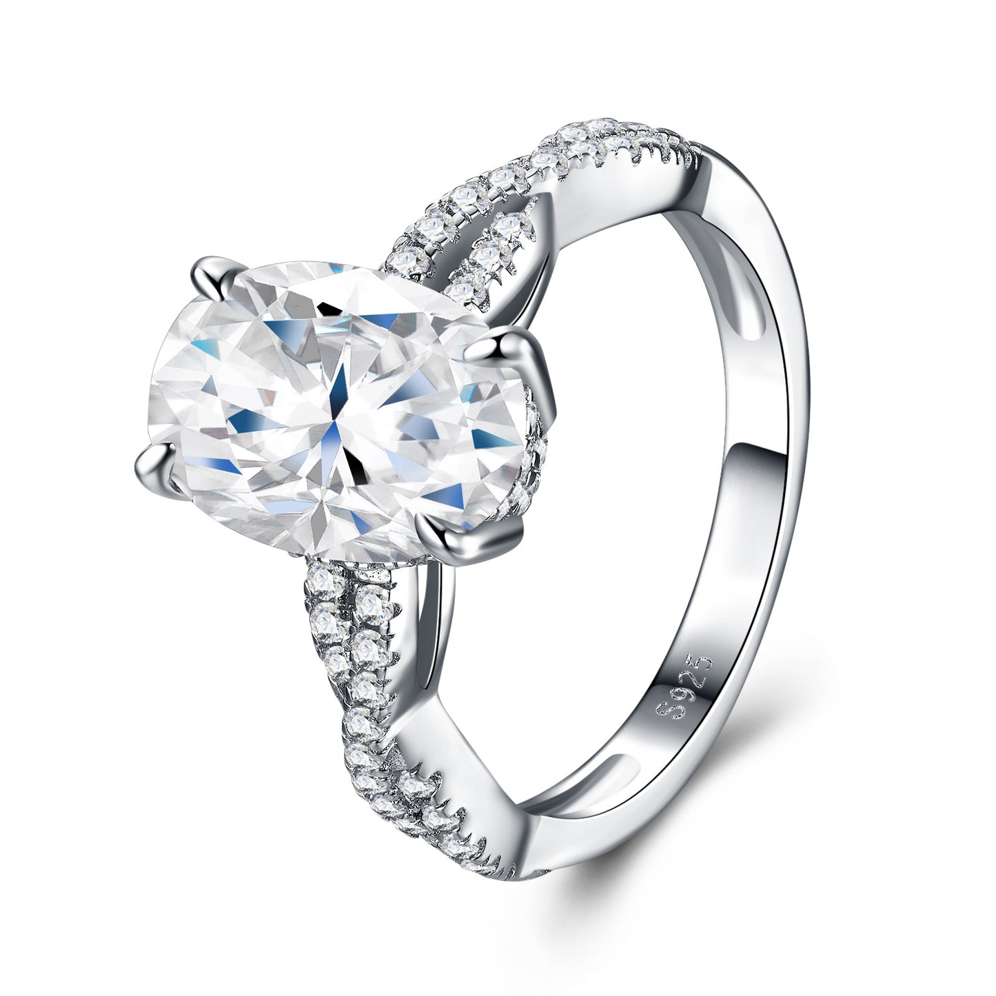 Angled view showing 4-prong basket and twisted infinity band on oval moissanite ring.