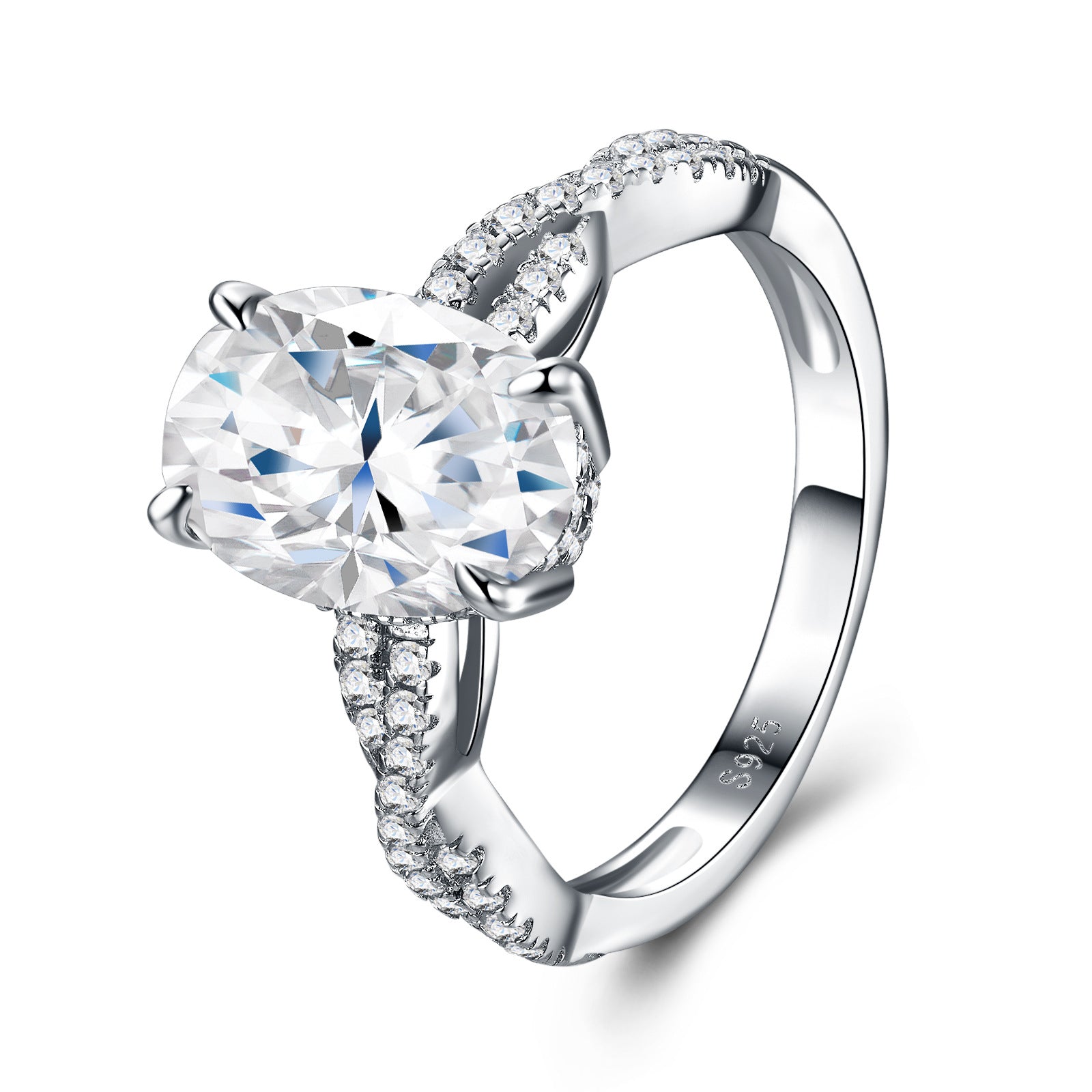 Angled view showing 4-prong basket and twisted infinity band on oval moissanite ring.