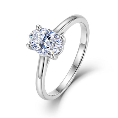 Angled 3D perspective of oval cut minimalist plain band solitaire engagement ring.