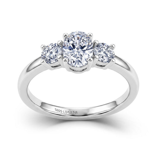 Past Present Future 1.17ct oval cut lab diamond three stone ring in 925 sterling silver.