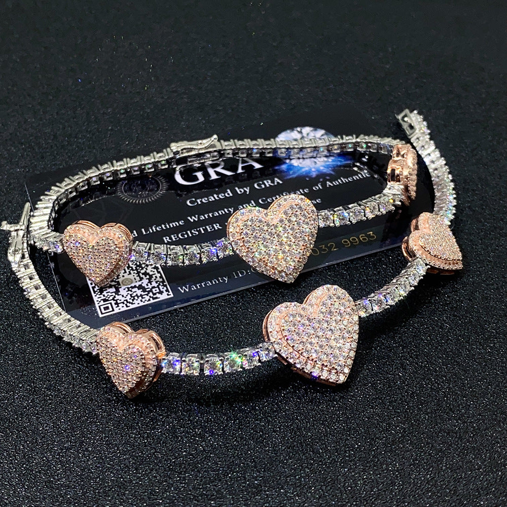 Pave heart moissanite tennis bracelets with rose gold heart motifs on dark background