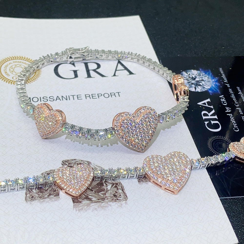 Pave heart moissanite tennis bracelets with rose gold pave heart links and GRA report