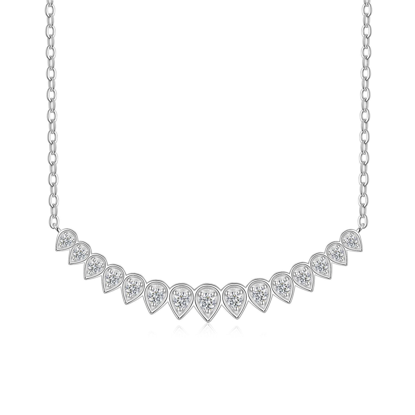 Pear cut bezel set moissanite curved smile necklace in sterling silver.
