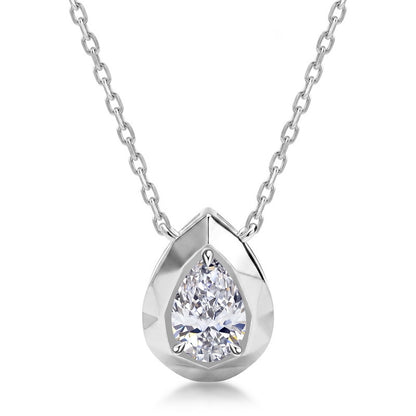 Pear cut lab grown diamond pendant necklace with faceted silver bezel in sterling silver.