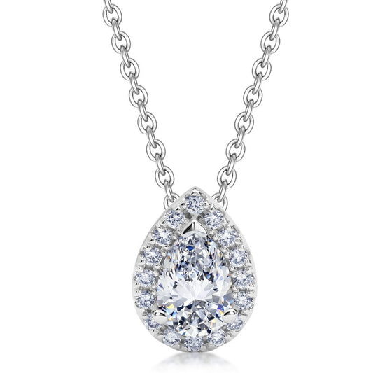 Pear cut lab grown diamond halo teardrop pendant necklace in 925 sterling silver.
