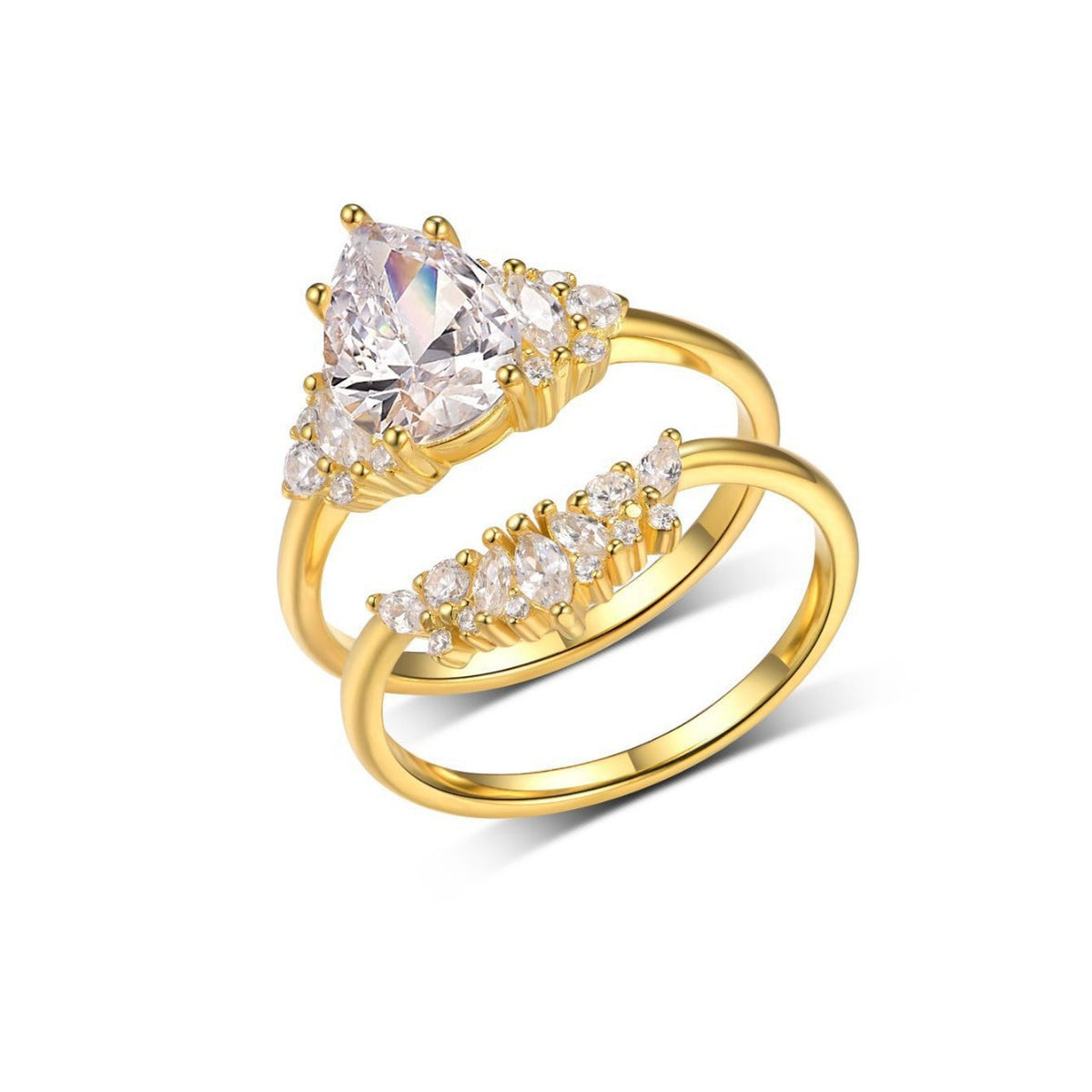 Pear cut moissanite cluster solitaire and curved crown stacking ring set in 18K gold plated silver.