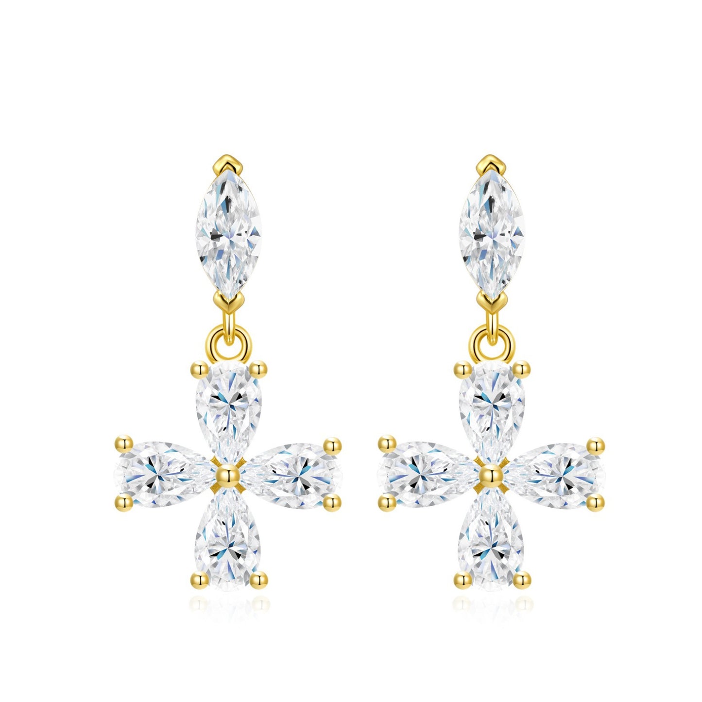 Gold dangle drop earrings featuring marquise stud top and pear-cut moissanite floral cross pendant on white background.