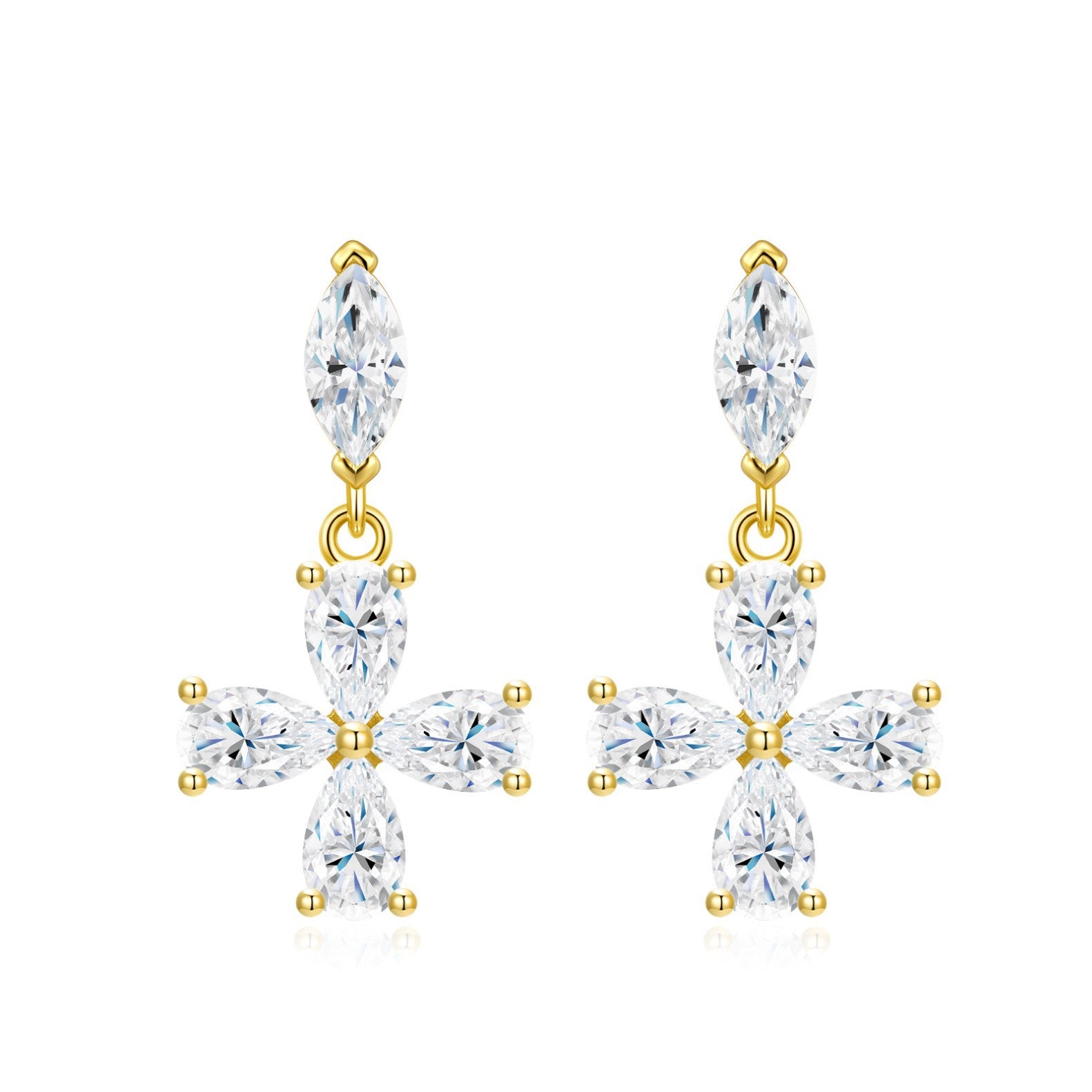 Gold dangle drop earrings featuring marquise stud top and pear-cut moissanite floral cross pendant on white background.