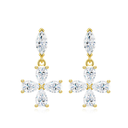 Gold dangle drop earrings featuring marquise stud top and pear-cut moissanite floral cross pendant on white background.