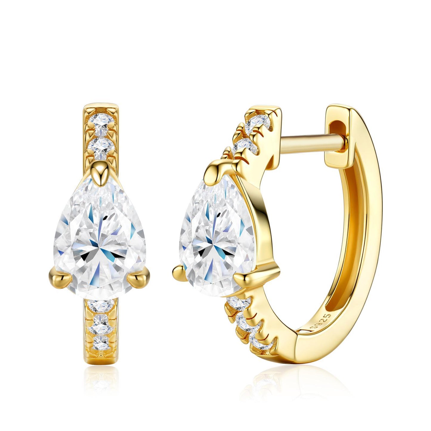 Gold pavé huggie hoop earrings featuring a solitaire pear cut moissanite center stone on white background.