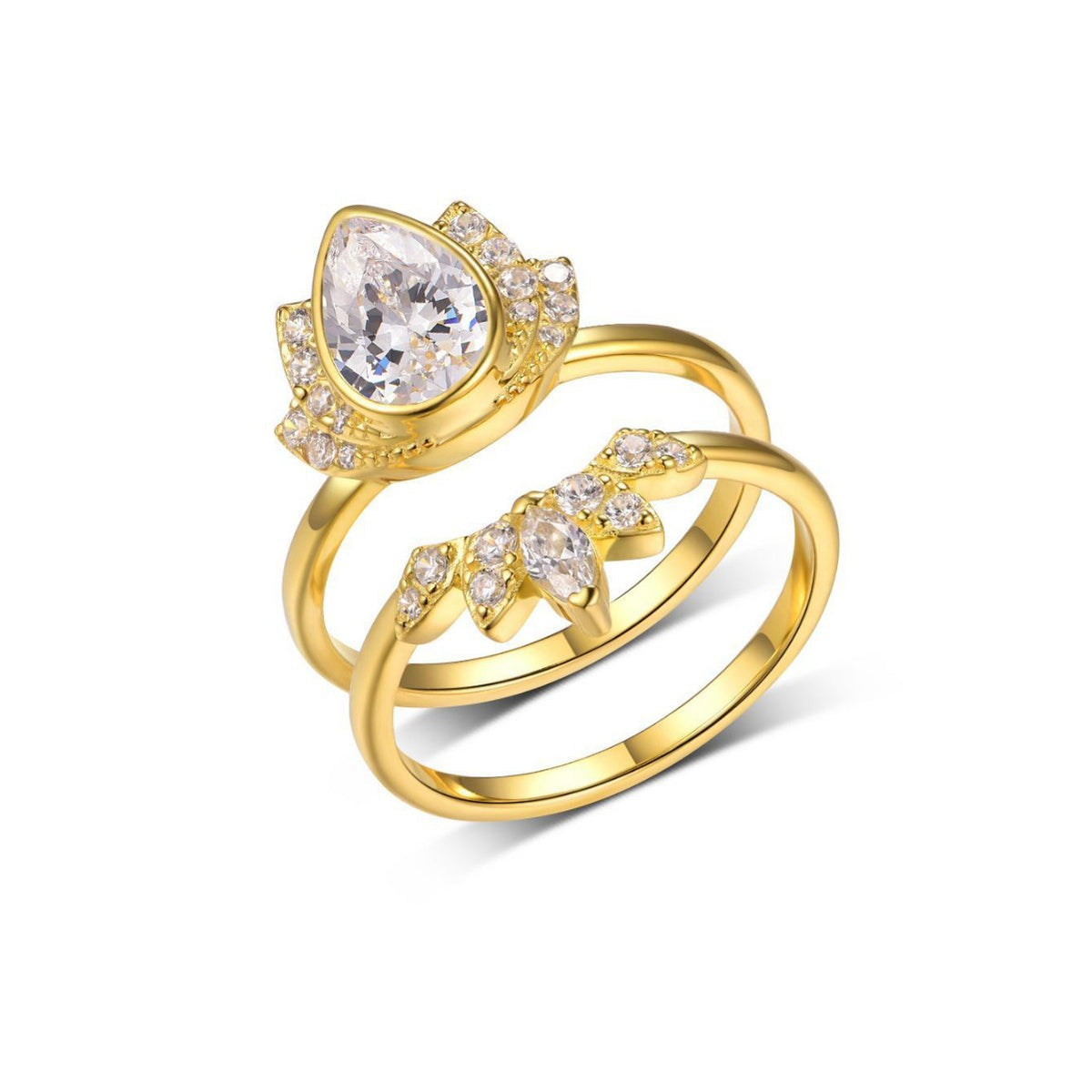 Pear cut moissanite lotus halo and sunburst crown stacking ring set in platinum plated silver.