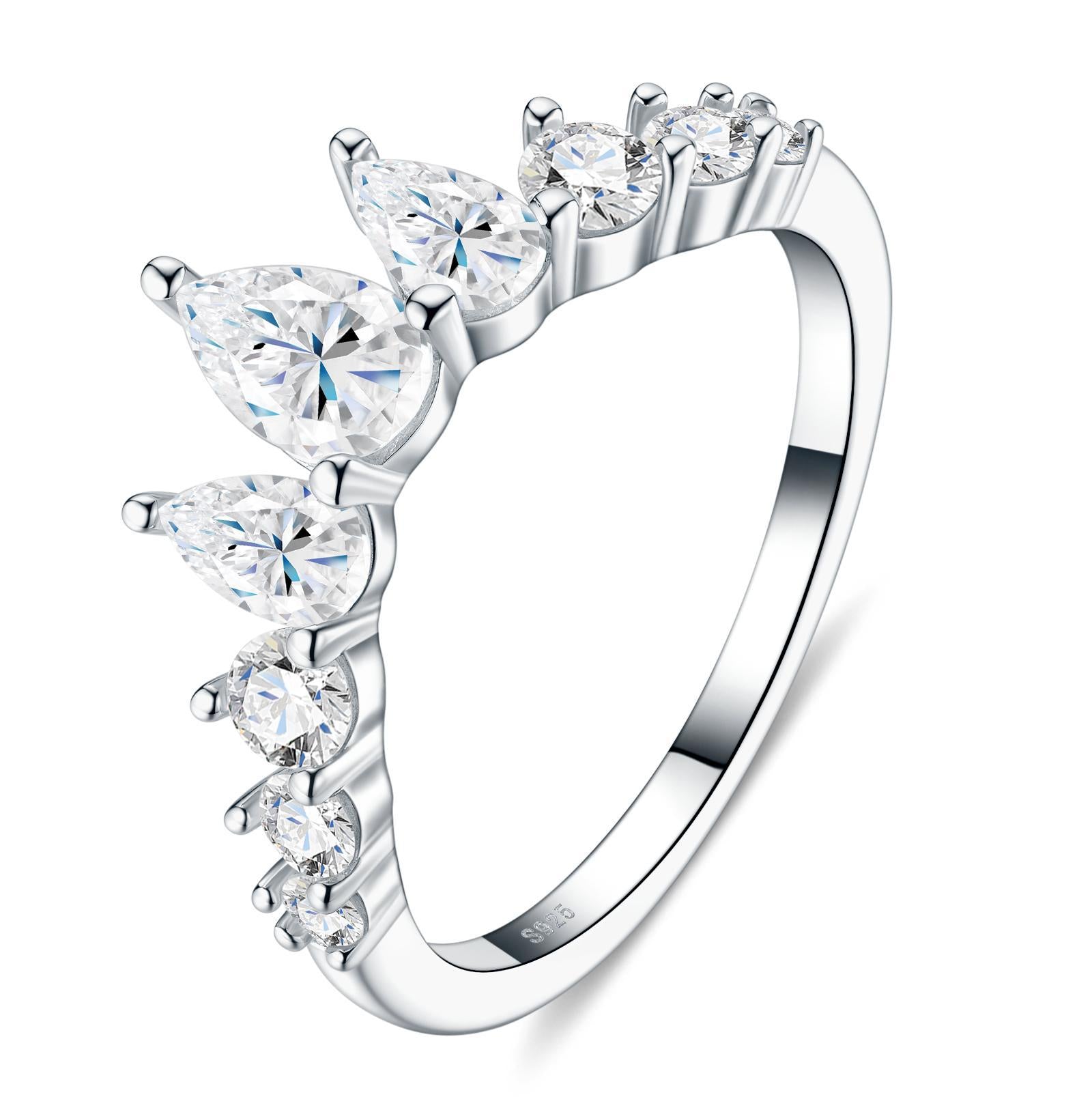 Silver pear cut moissanite tiara crown curved stacking ring showing S925 hallmark on white background.