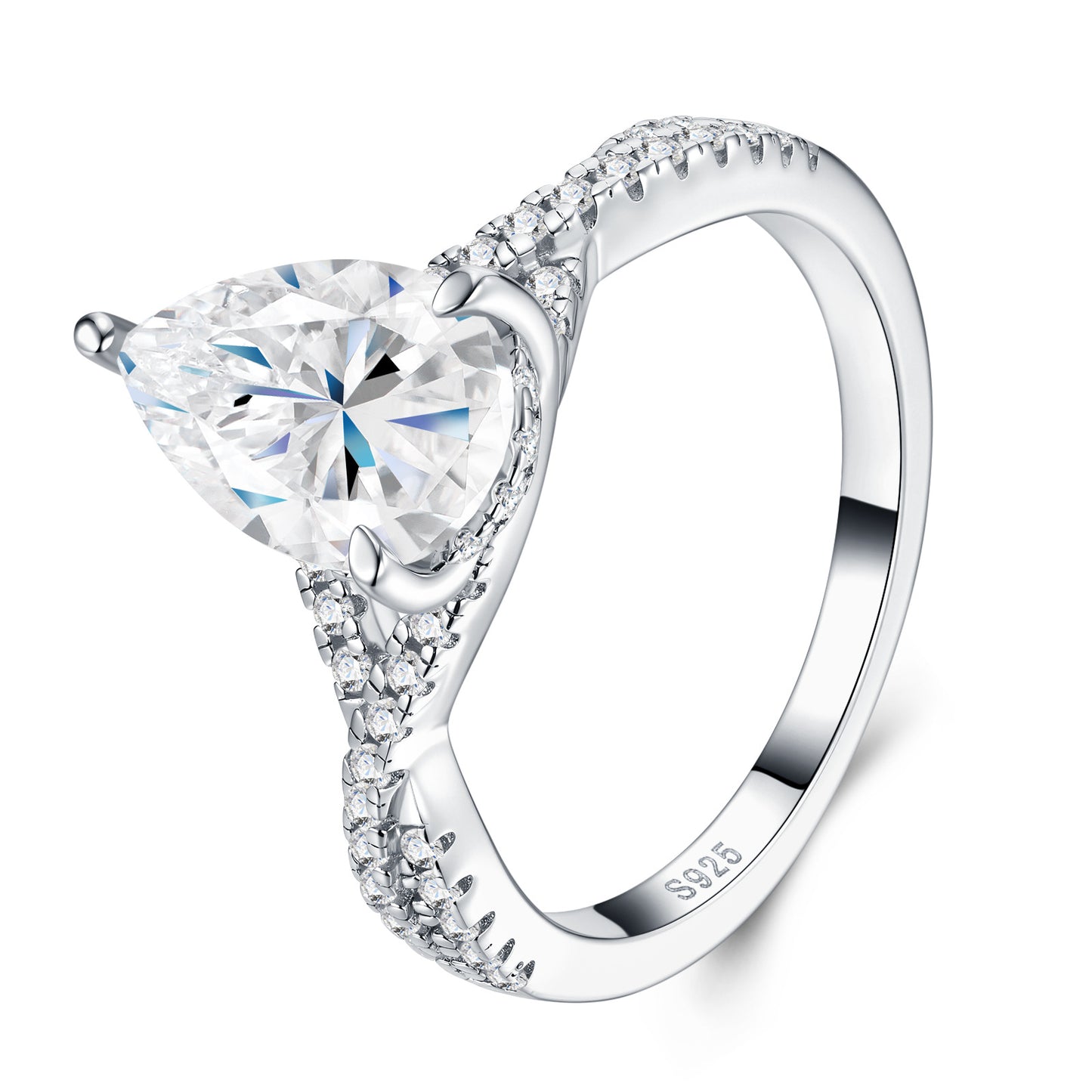 Pear-cut moissanite twisted pavé engagement ring in 925 sterling silver, mirror-polish finish