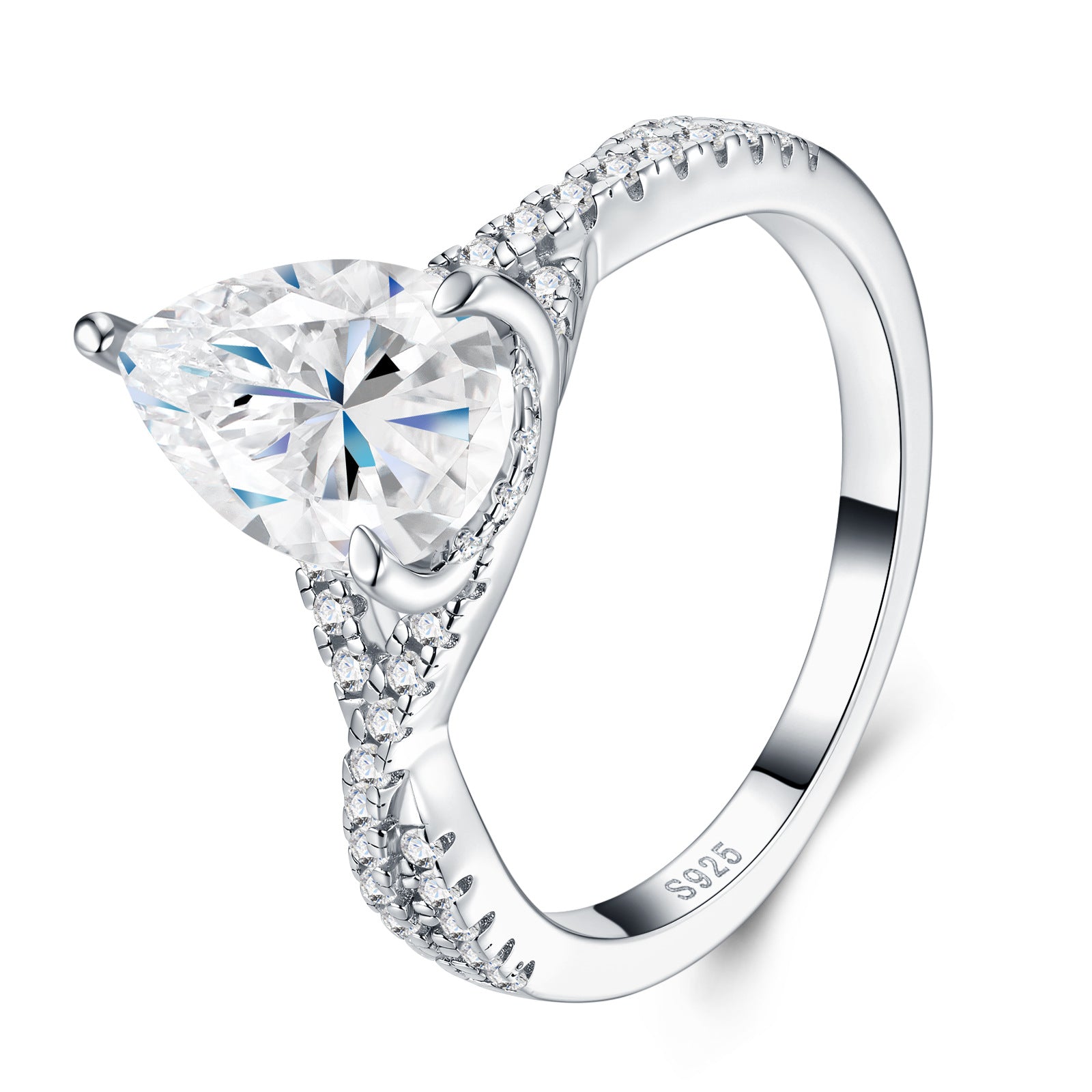 Pear-cut moissanite twisted pavé engagement ring in 925 sterling silver, mirror-polish finish