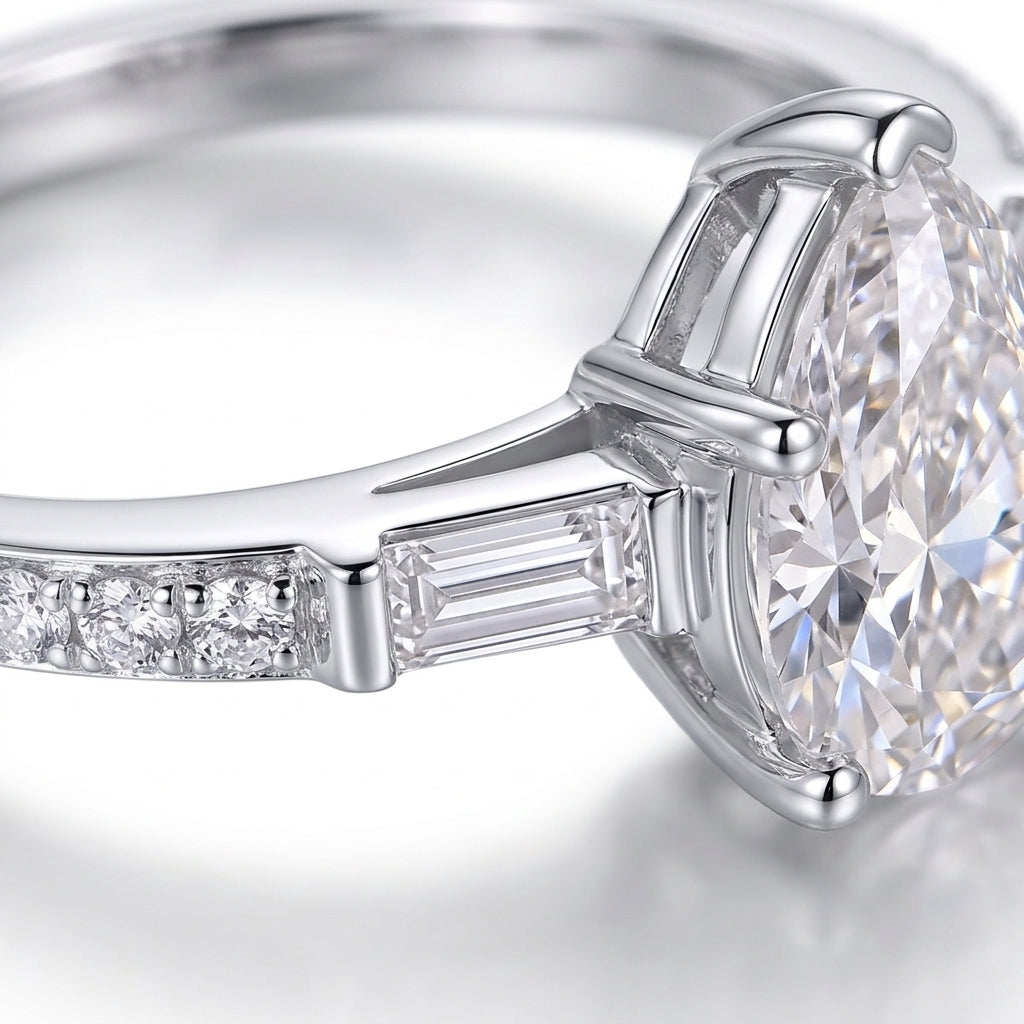 Macro close-up view of baguette side accent stones and pavé setting on pear moissanite ring.