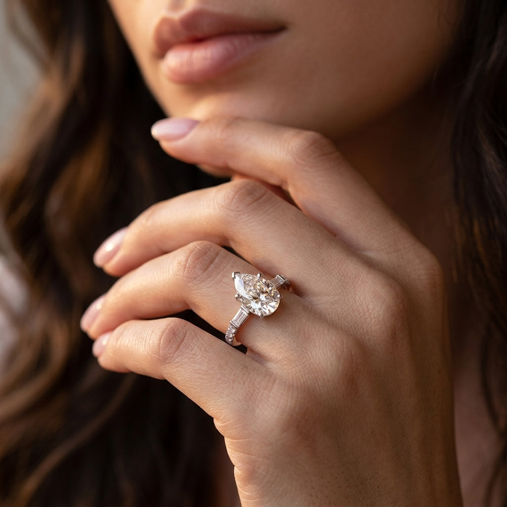 Close-up view of a model wearing pear cut moissanite engagement ring with baguette side stones.