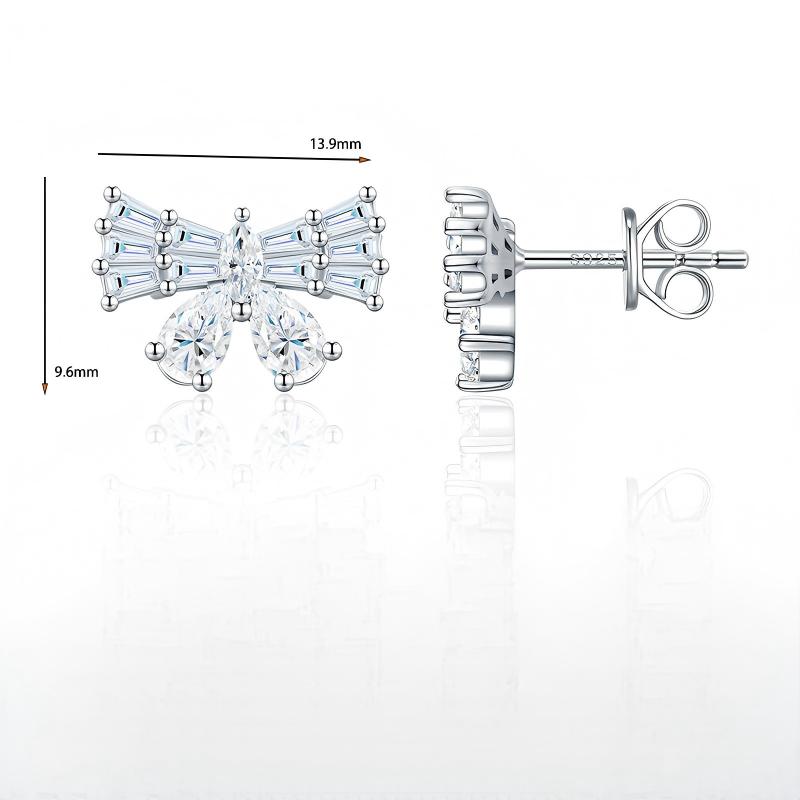 Technical specification chart detailing the height, width, and push back post mechanism of platinum moissanite bow studs.