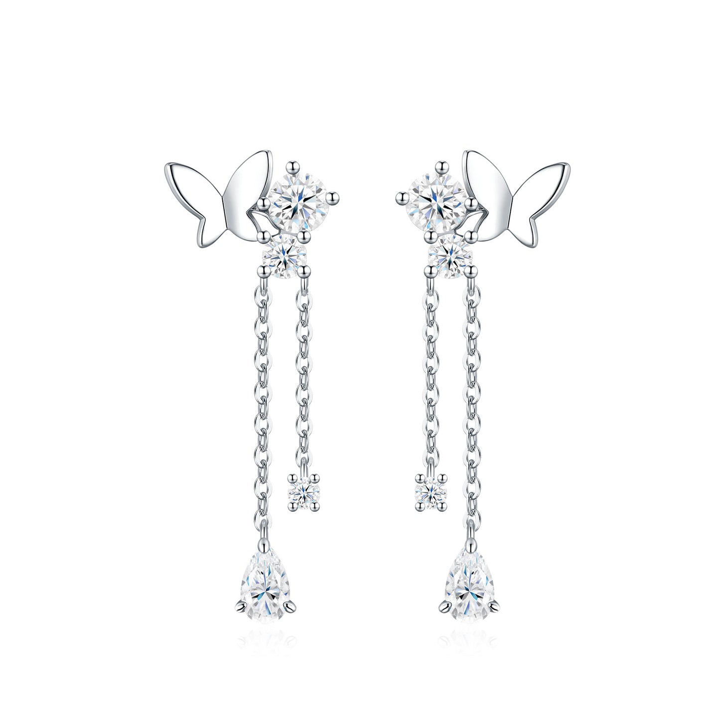 Symmetrical studio display of platinum plated butterfly moissanite dangle earrings with dual tassel chains and pear cut drop.