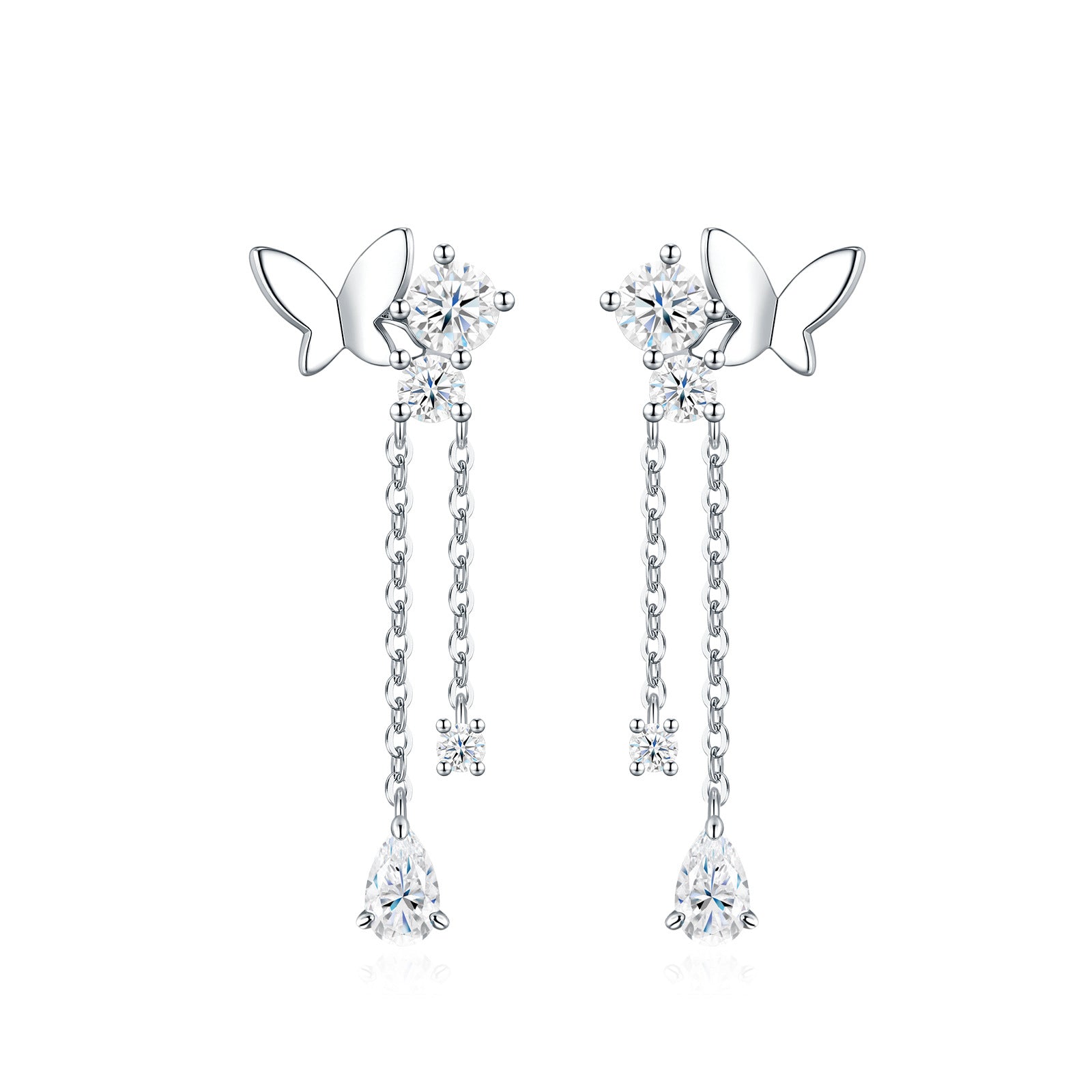 Symmetrical studio display of platinum plated butterfly moissanite dangle earrings with dual tassel chains and pear cut drop.