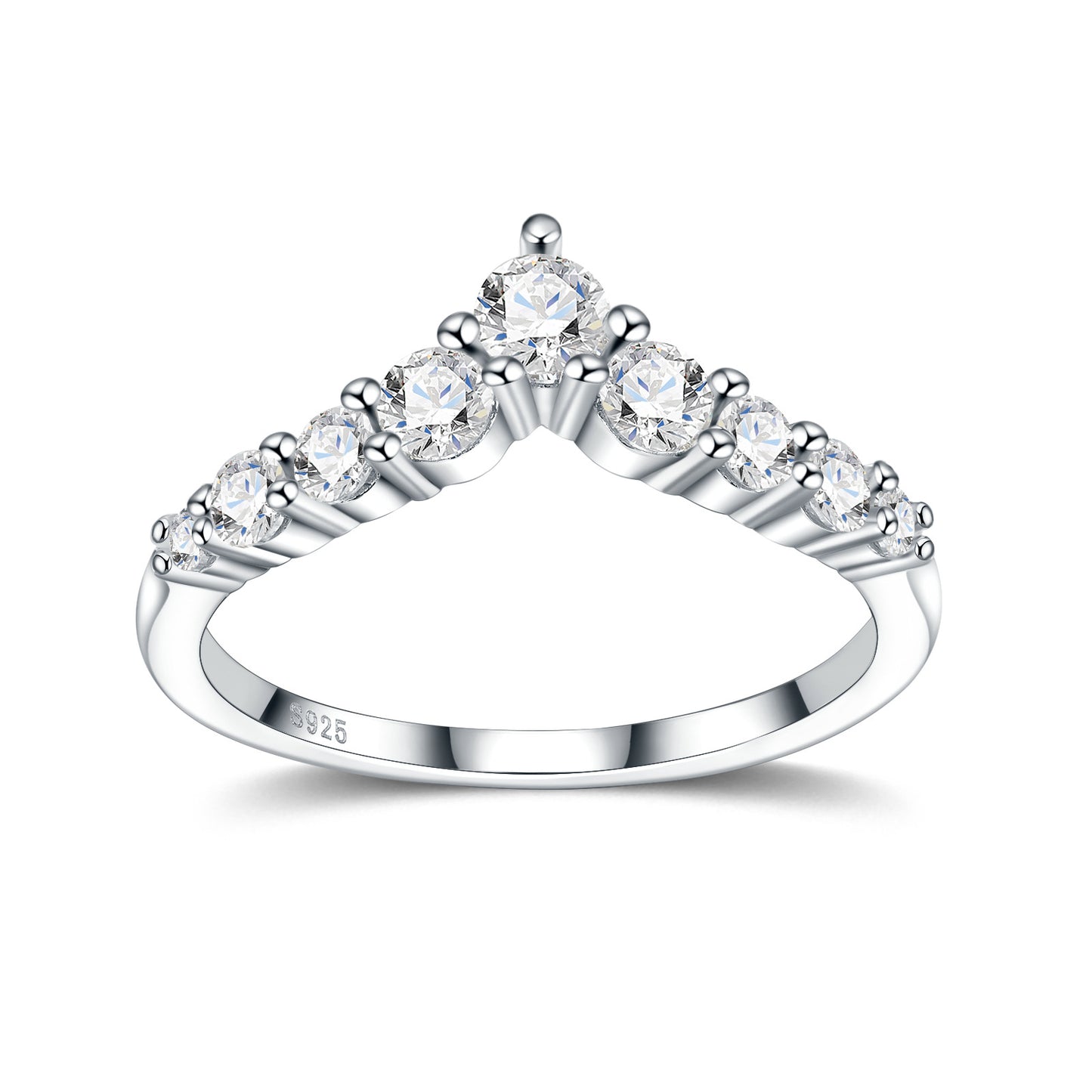 Symmetrical studio display of a platinum plated chevron moissanite v shaped crown ring with graduated side stones.