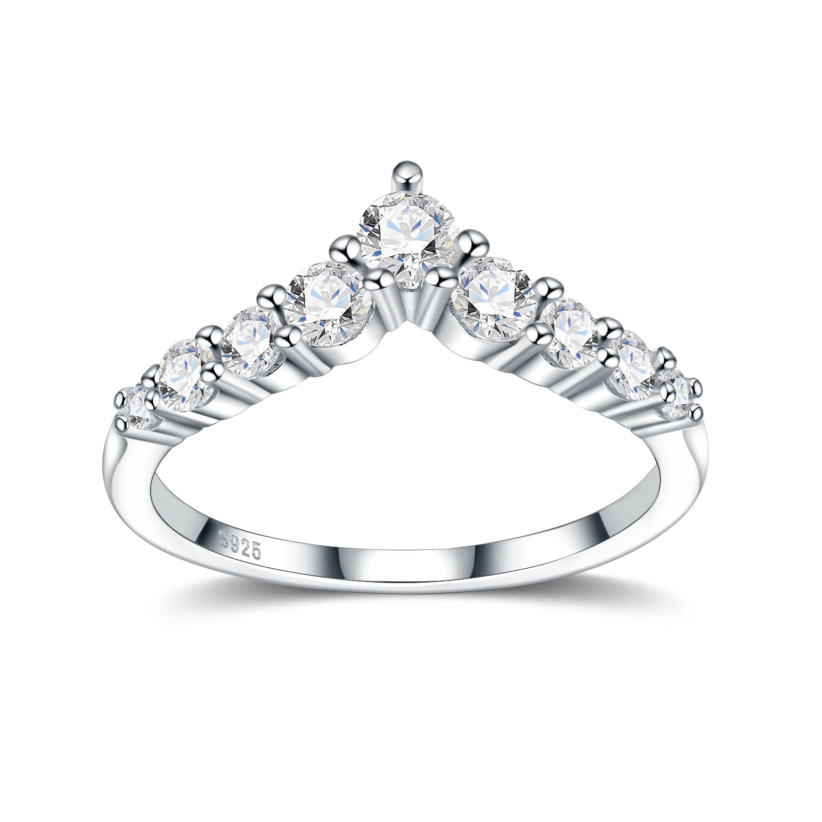 Symmetrical studio display of a platinum plated chevron moissanite v shaped crown ring with graduated side stones.