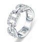 Symmetrical studio view of platinum plated mariner link moissanite statement ring with micro-pave anchor chain motif.