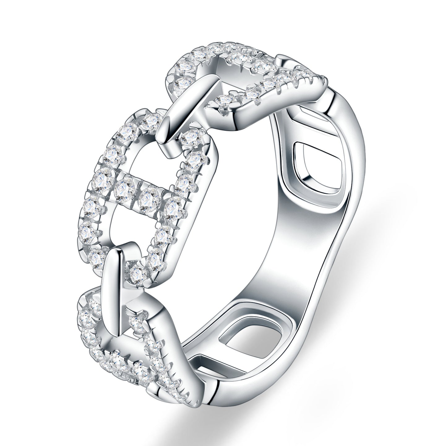 Symmetrical studio view of platinum plated mariner link moissanite statement ring with micro-pave anchor chain motif.