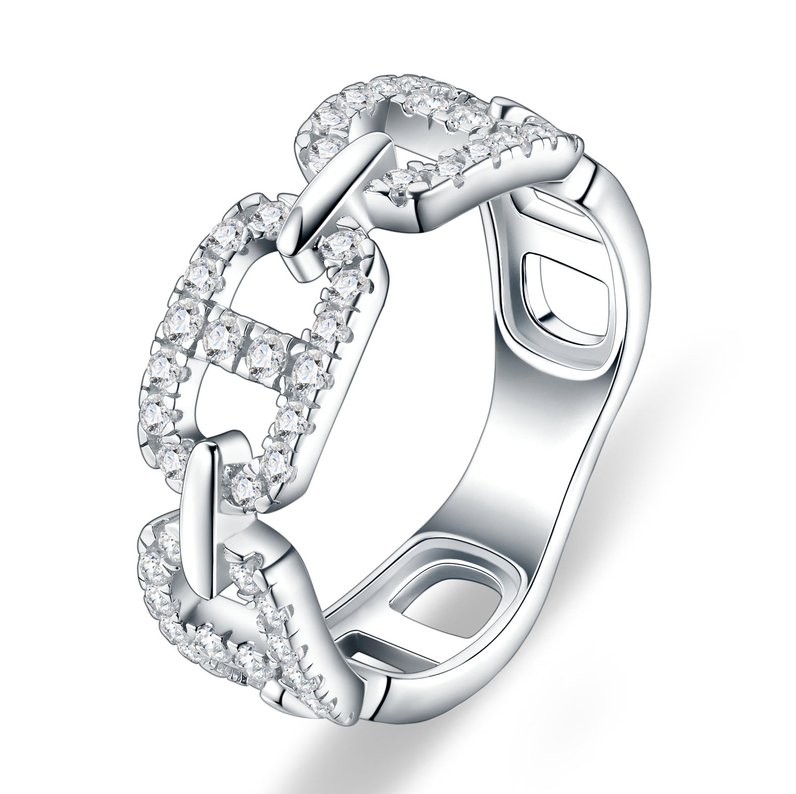 Symmetrical studio view of platinum plated mariner link moissanite statement ring with micro-pave anchor chain motif.