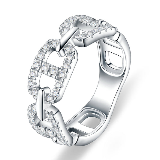 Symmetrical studio view of platinum plated mariner link moissanite statement ring with micro-pave anchor chain motif.