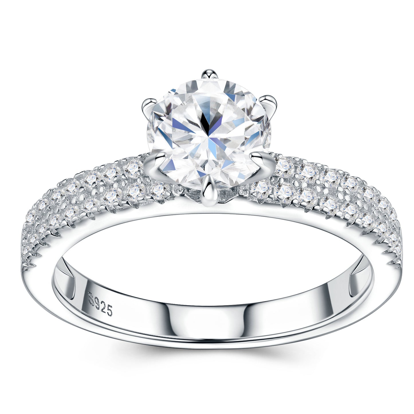 Symmetrical studio view of a platinum plated round cut moissanite solitaire ring with double row pave shank and six-prong mount.
